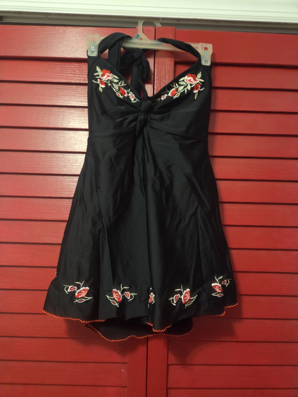 Black Halter Swim Dress with Red Rose Embroidery